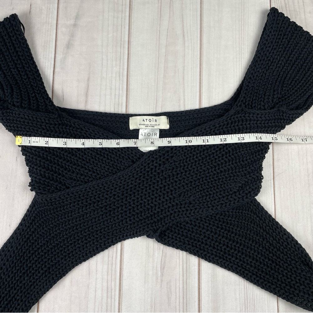 Atoir Tulip Chunky Knit Top Womens 6 Black Cropped Wrap Tie Surplice 100% Cotton - Picture 12 of 14